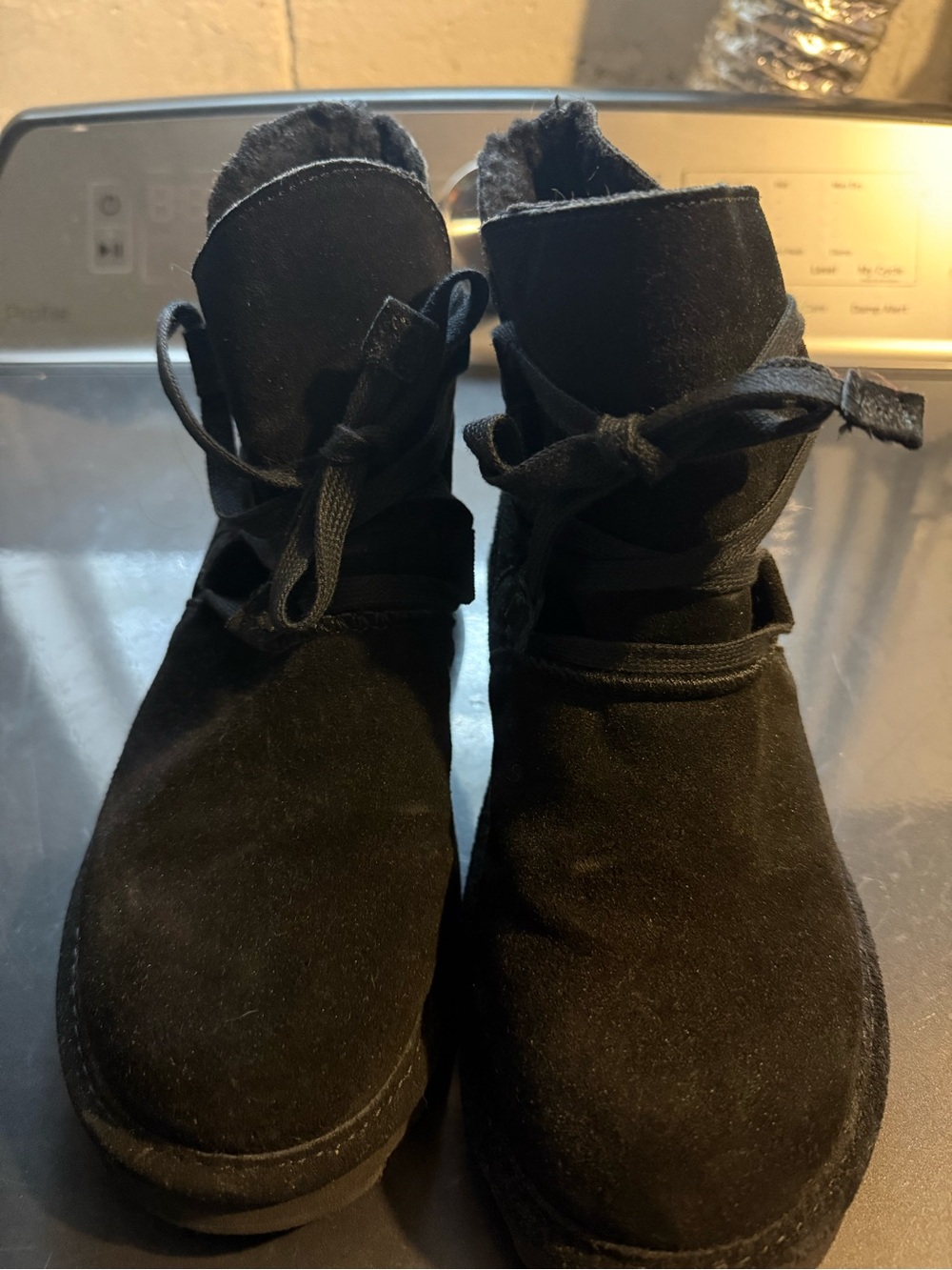 BearPaw Black Suede Lace-Up Ankle Boots with Shearling Trim
